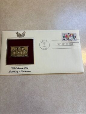 Christmas 1982 Building A Snowman Stamp FDC 22k Gold Plated Matching Stamp
